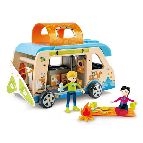 Hape Adventure Van | 23 keping berkepala kayu van mainan set dengan papan selancar, aksesori hang-glider & perkhemahan