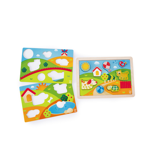 Hape Sunny Valley Puzzle 3 in 1 | Teka-teki Jigsaw Multicolored untuk Kanak-kanak
