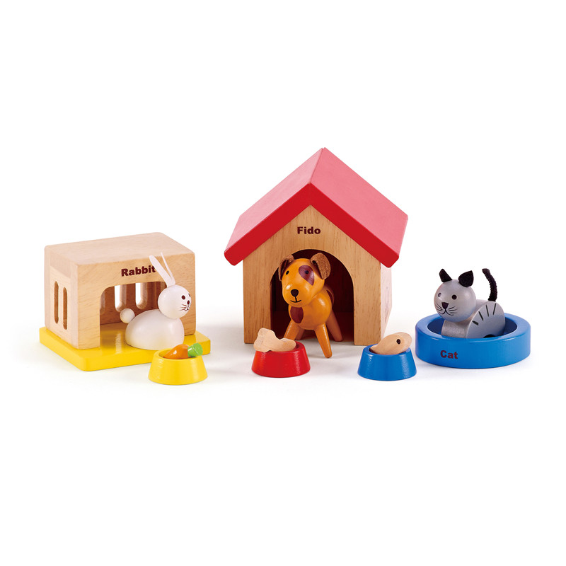 Keluarga Haiwan Peliharaan Doll Haiwan Set oleh Hape | Lengkapkan rumah anak patung kayu anda dengan anjing gembira, kucing, haiwan bunny yang ditetapkan dengan rumah percuma dan mangkuk makanan