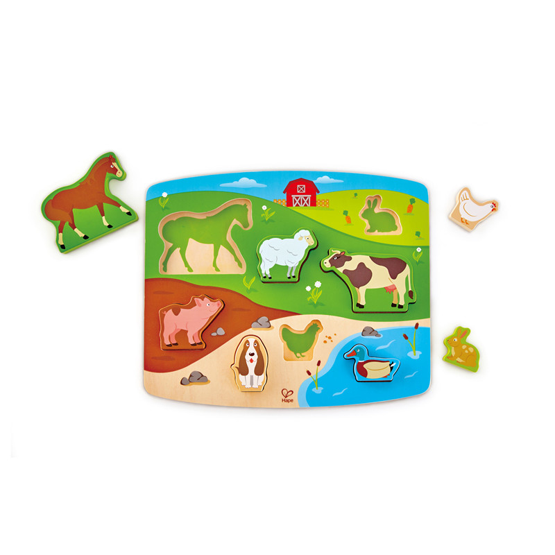 Hape Farm Haiwan Puzzle | Multi-Warna Ladang Kayu Jigsaw Puzzle Toy Dengan Kuda, Sheep, Cow, Arnab, Babi, Ayam dan Bebek
